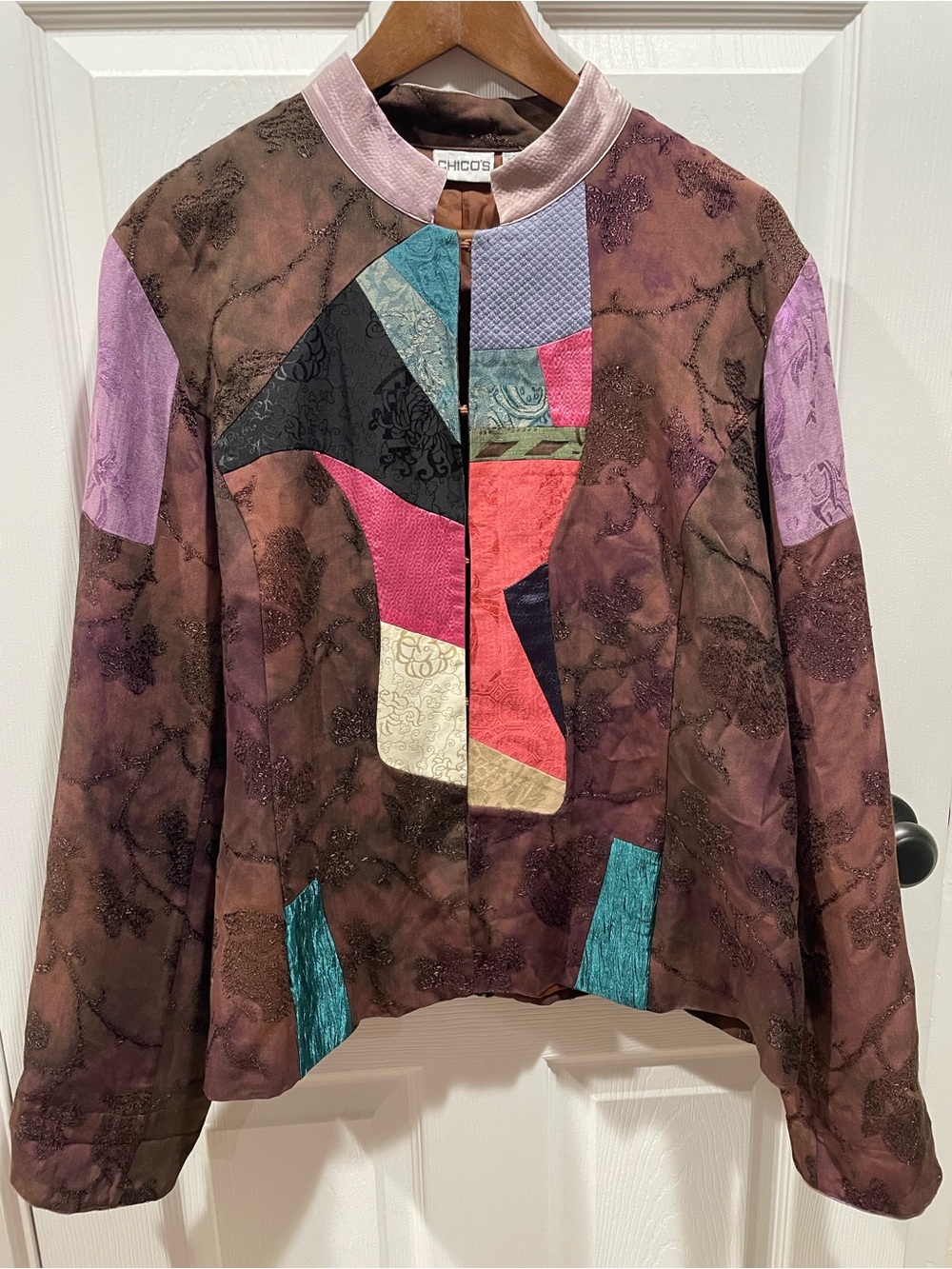 Vintage Artsy Patchwork Silk Blend Jacket Brown Floral Embroidered Size 3 / XL